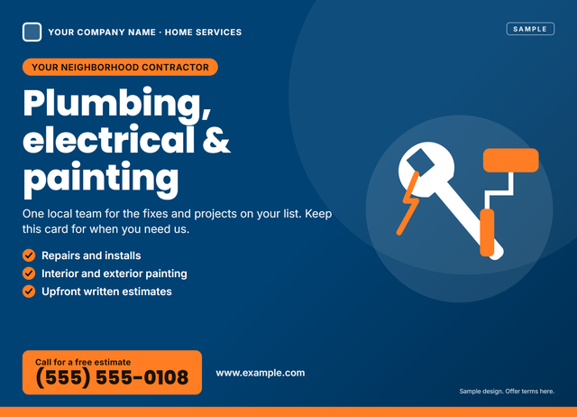 Front of a sample 6.5 × 9 EDDM postcard for a plumbing, electrical and painting contractor, with a free estimate offer