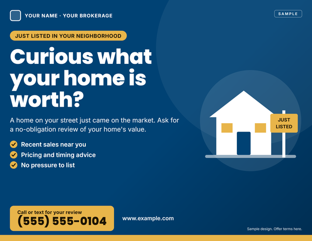 Front of a sample 8.5 × 11 EDDM flyer for a real estate agent, with a just-listed announcement and a free home value review